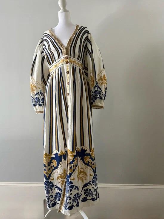 FARM Rio White Pineapple Deco Maxi Dress Linen Viscose Blend Size M NWT - Picture 4 of 12